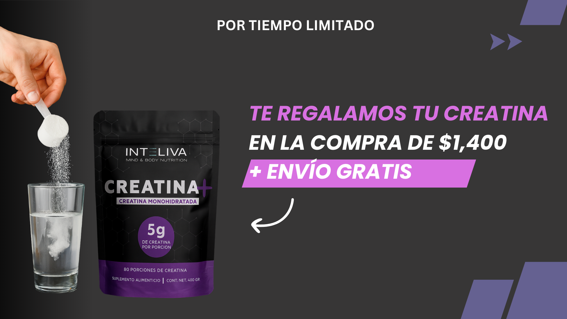 Inteliva Creatina en polvo. Creatina monohidratada, creapure, Monohidrato de creatina.